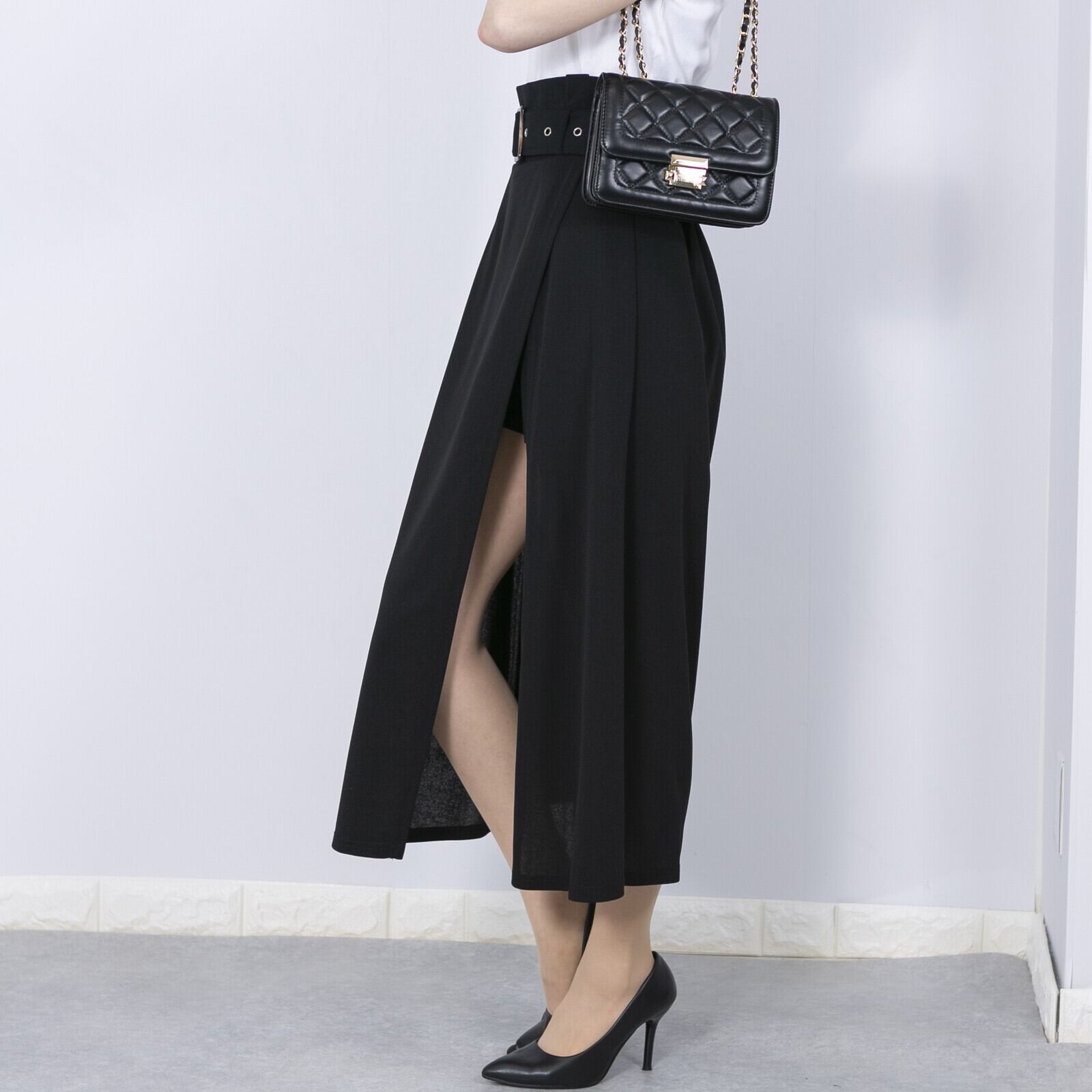 カットジョーゼット 共生地ベルト付き 中ショートパンツロング