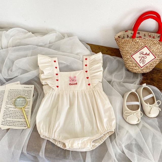 【BABY】うさぎ刺繍ハートフリル袖スクエアネックロンパース - 3