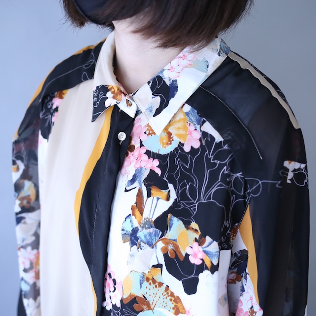 '"和" motif special flower art pattern fly-front see-through shirt