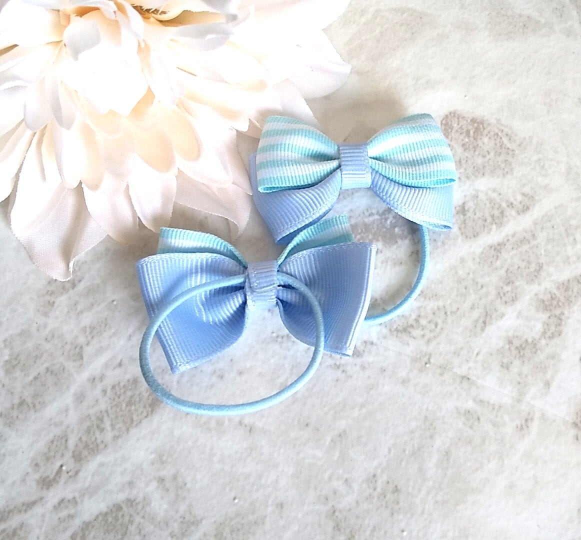 ぷちヘアゴム】ストライプ リボン 2個セット グリーン ブルー | RyuRyu