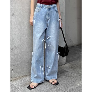 heavy-duty bow ribbon decorated women's straight leg jeans(SN030)