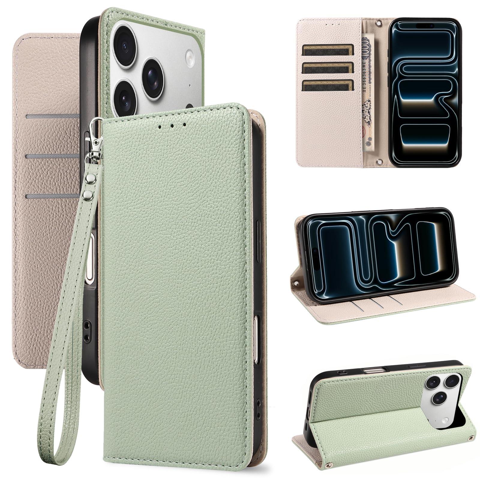 QUEASON iphone 17 用 ケース 手帳型 あいふおん17 用 ケース 内蔵マグネット ストラップ付き 高級レザー【ライトグリーン】