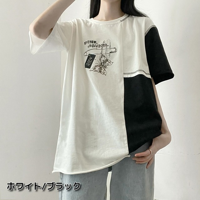 サブカル 服 地雷系 通販 Pinksavior バイカラー 半袖 Tシャツ butterfly ワンポイント プリント柄 カジュアル