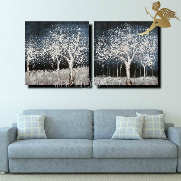 2パネル 『冬雪の森』 油彩画 インテリア モダン アートパネル 1753