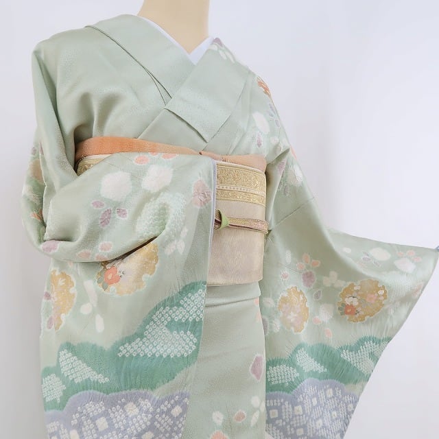 未着用 金糸刺繍 雪輪 着物 正絹 仕付け糸付 ワイドサイズ 訪問着 2629