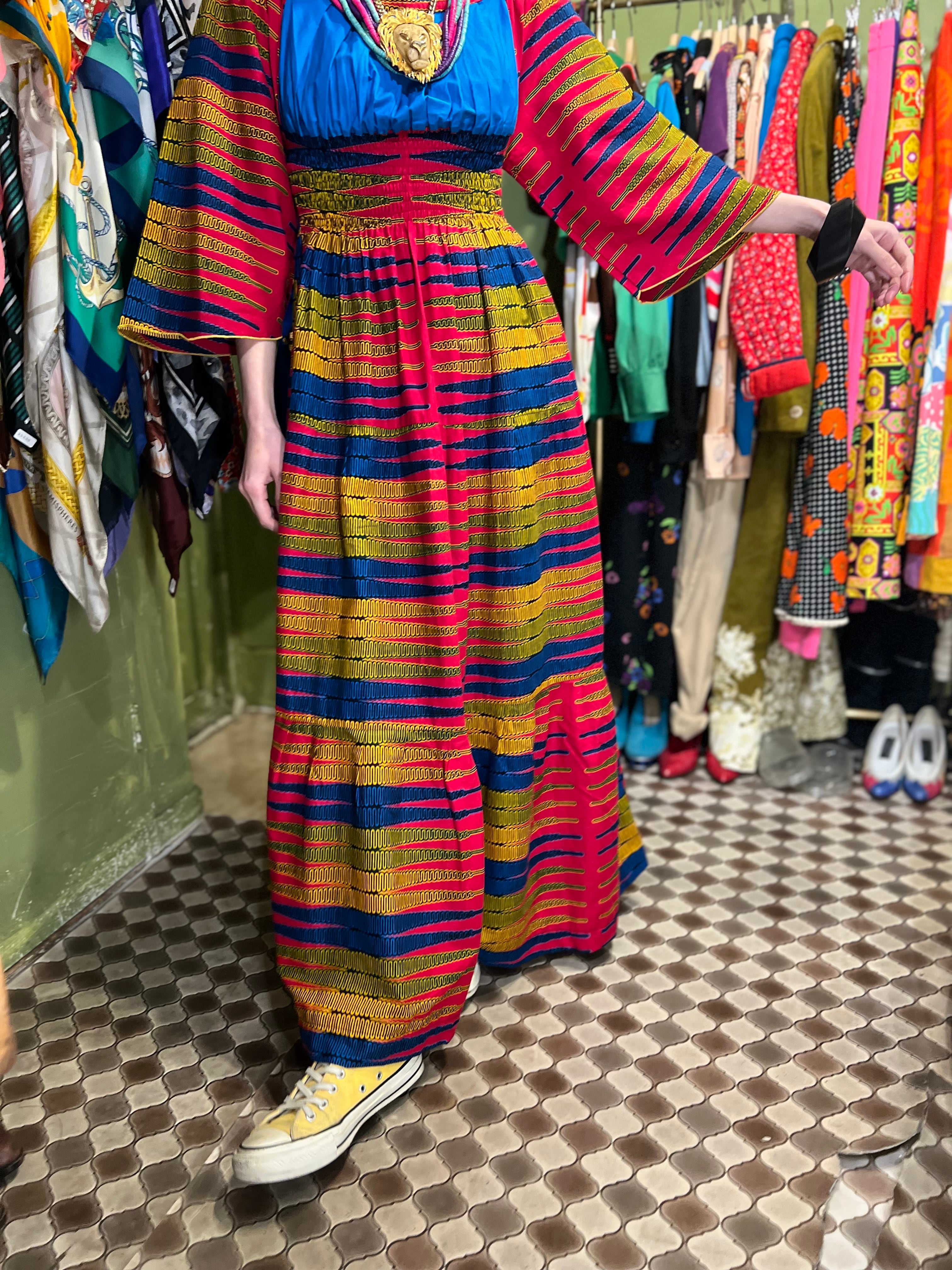 70s african batik fuchsia pink × blue yellow cotton dress