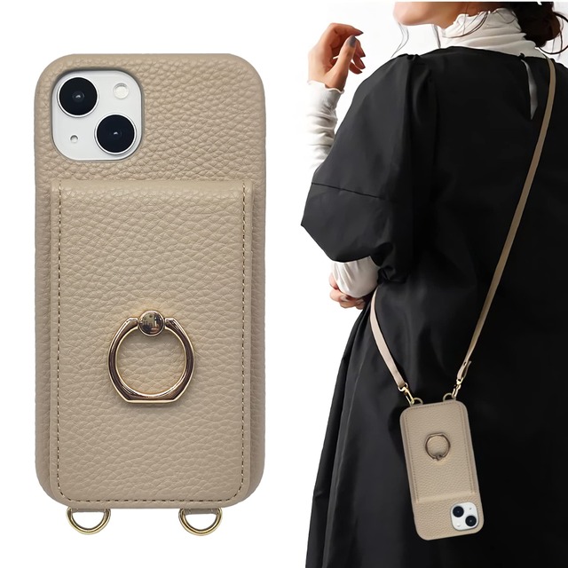 for iPhone13 用 ケース ショルダー付き カード収納 背面手帳型 リング付 スマホケース いphone13 ストラップ付き 落下防止 肩掛け 斜め掛 首掛け 可愛 かわいい おしゃれ スタンド機能 (モカブラウン)