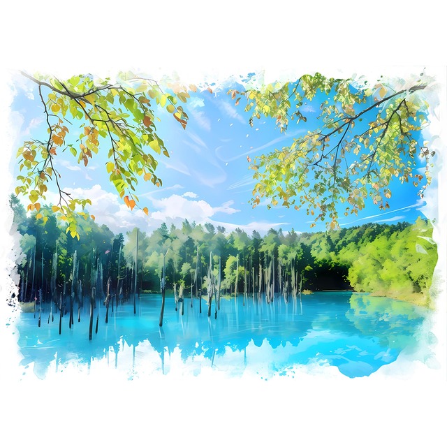 絵画(風景画) 日本 北海道 美瑛町 白金の森 青い池 インテリアアート額付き 水彩画・油絵調 WAT1246