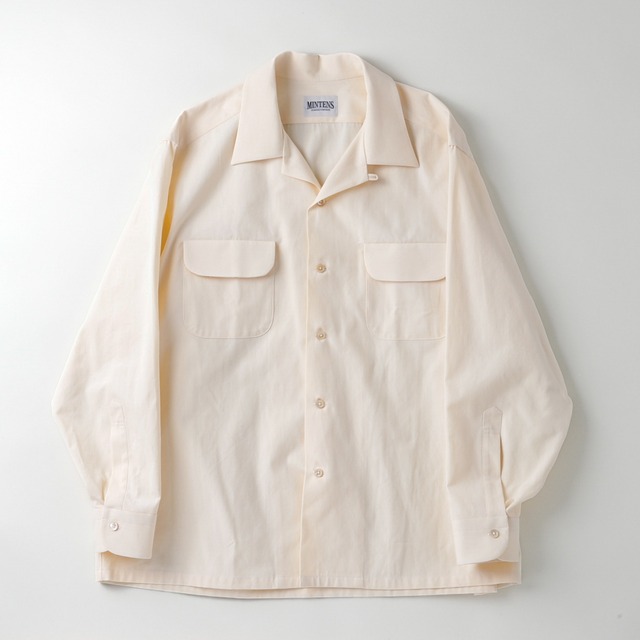 【新品】MINTENS 1960s vintage open color shirts Vintage cotton linen made in Italy fabrics／ イタリア製  ヴィンテージ生地 コットン リネン オープンカラー シャツ オフホワイト オリジナルブランド 1960年代シルエット  サイズ①  (※実寸16〜16H L程度）