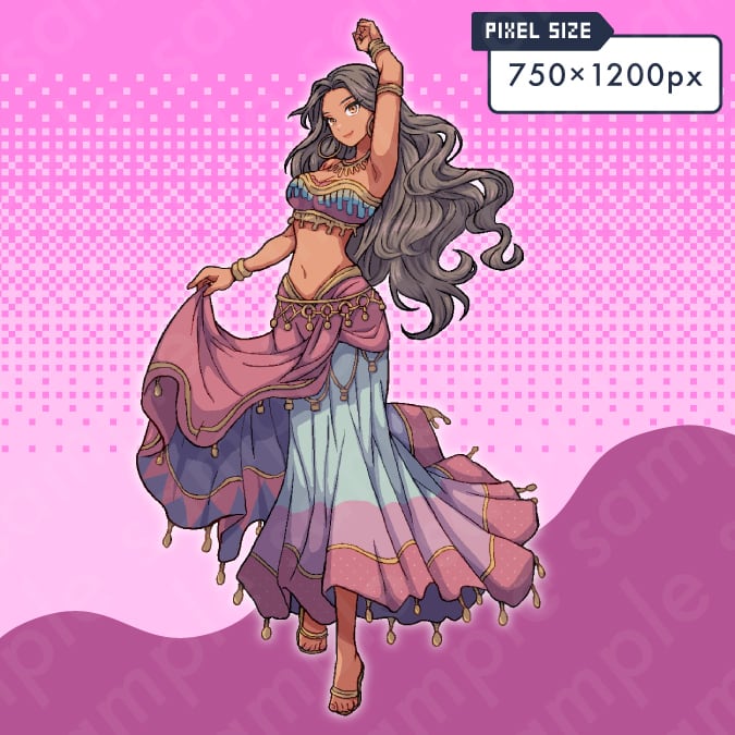ドット絵立ち絵素材】褐色肌の踊り子風女性キャラクターイラスト