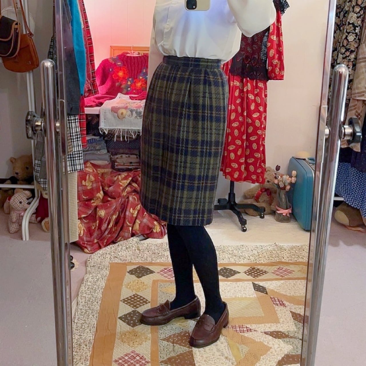 green check semi tight skirt
