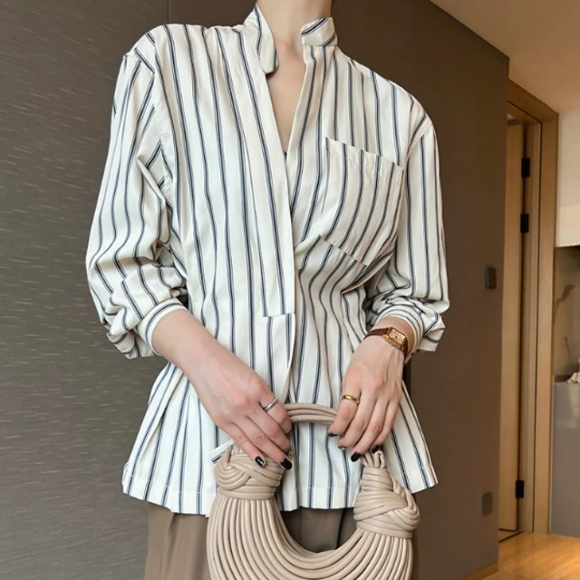 ストライプスタンドカラーブラウス　A3060