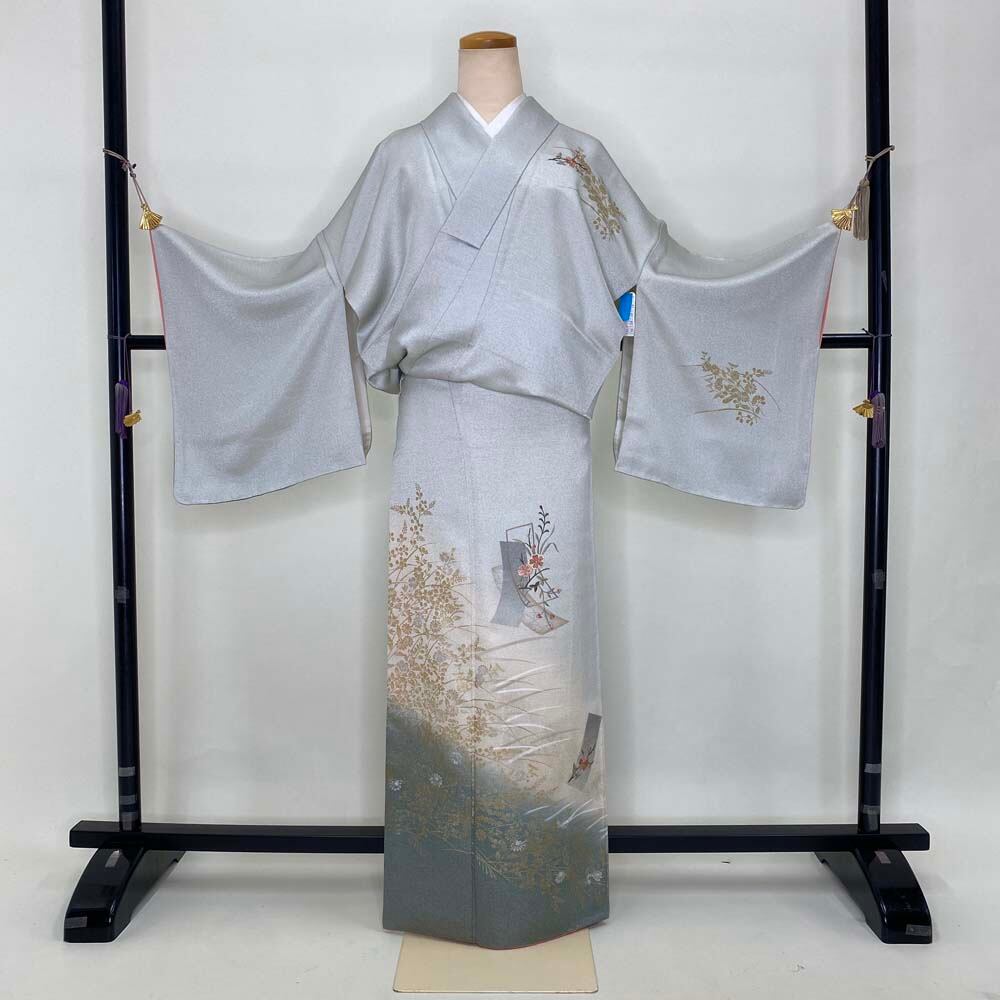 付け下げ 訪問着 中古 白色 グレー 裄丈68cm 身丈163cm 結婚式 入学式  