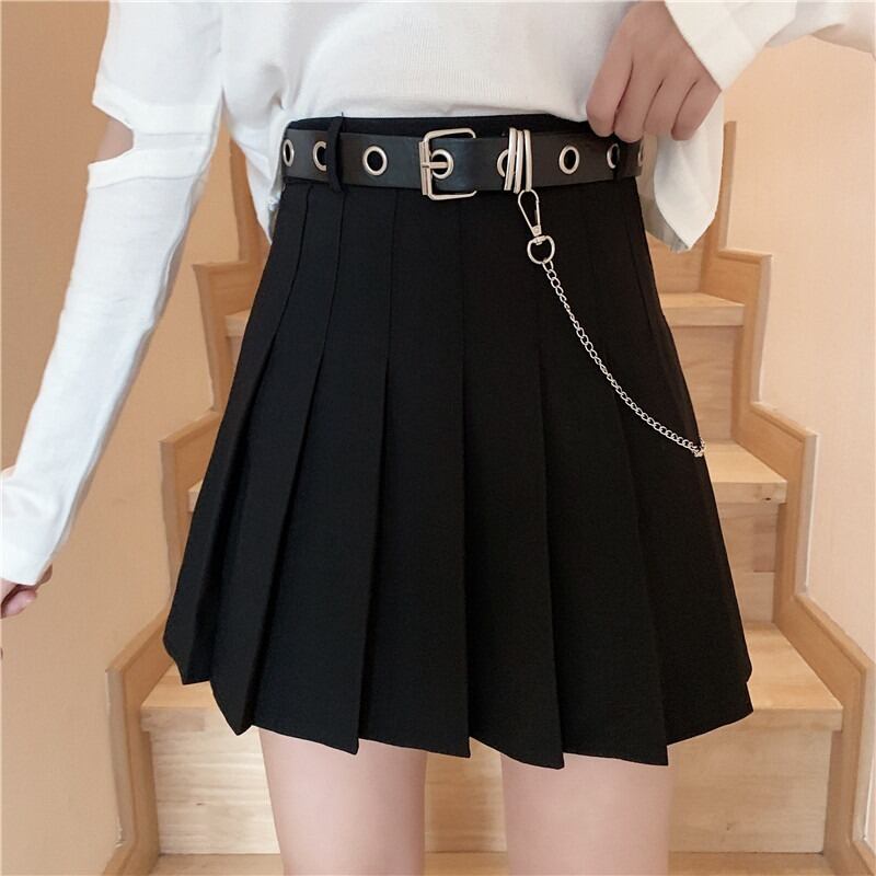 ブラックスカート レッドハイウェストウェスト薄手プリーツAライン YY-ファッション2738966256