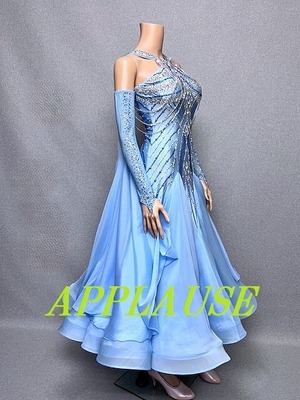 【新着】社交ダンス ドレス　スタンダード　モダンドレス　ライトスカイブルー　M   ST-25-11  デモ・競技用ドレス　発表会衣装　パーティドレス　ワンピース　舞台衣装