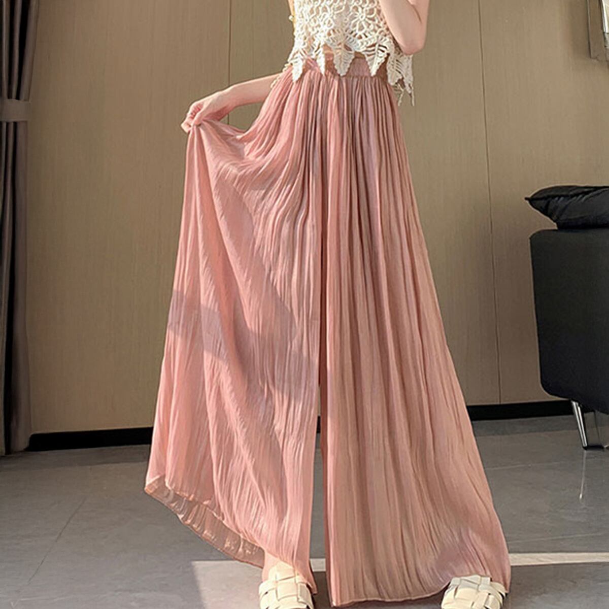 シアー ワイドパンツ レディース 春夏 韓国 接触冷感 きれいめ おしゃれ 大人 カジュアル シンプル フレアパンツ 体型カバー 光沢感 ハイウエスト 涼しい 大人可愛い 大人女子