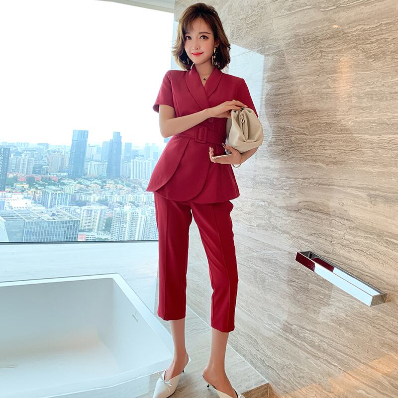 グリーンカラー半袖スリーブウェストトップス クロップドパンツ スプリング ショート ハーフスリーブ 春物 MIUCO86447721109