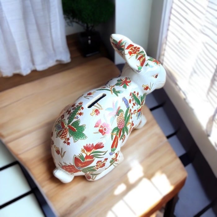 手描き陶器 貯金箱 うさぎ 大 赤絵 兎 ウサギ 上品 シンプル 高級感