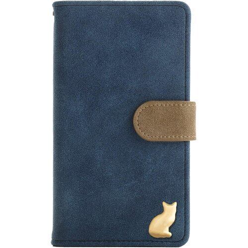 iPhone 14 ケース 手帳型 スマホケース 合皮 PUレザー ヴィンテージ風 猫 ネコ ゴールド キャット カード入れ マグネット ベルト ネイビー 1571