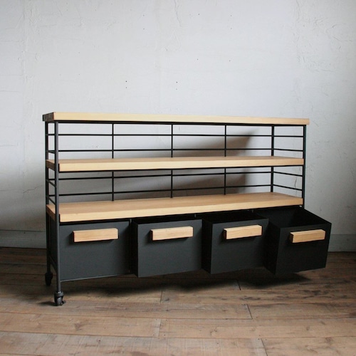 オーダー専用 アイアンのドロワーシェルフ#杉板 棚2段 引き出し2段