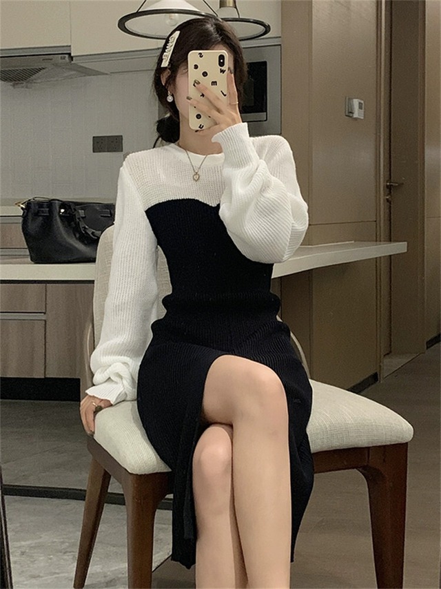 膝上の長いセクションのセータードレス気質セレブデザインセンスニッチ 