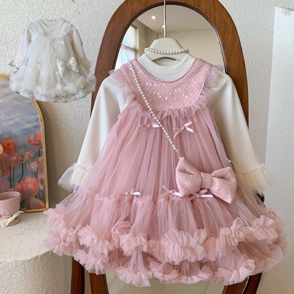 ,ふんわりチュールワンピとトップス&リボンアクセサリーの女の子セット