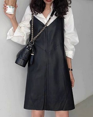 フェイクレザーキャミソールワンピース  A0611
