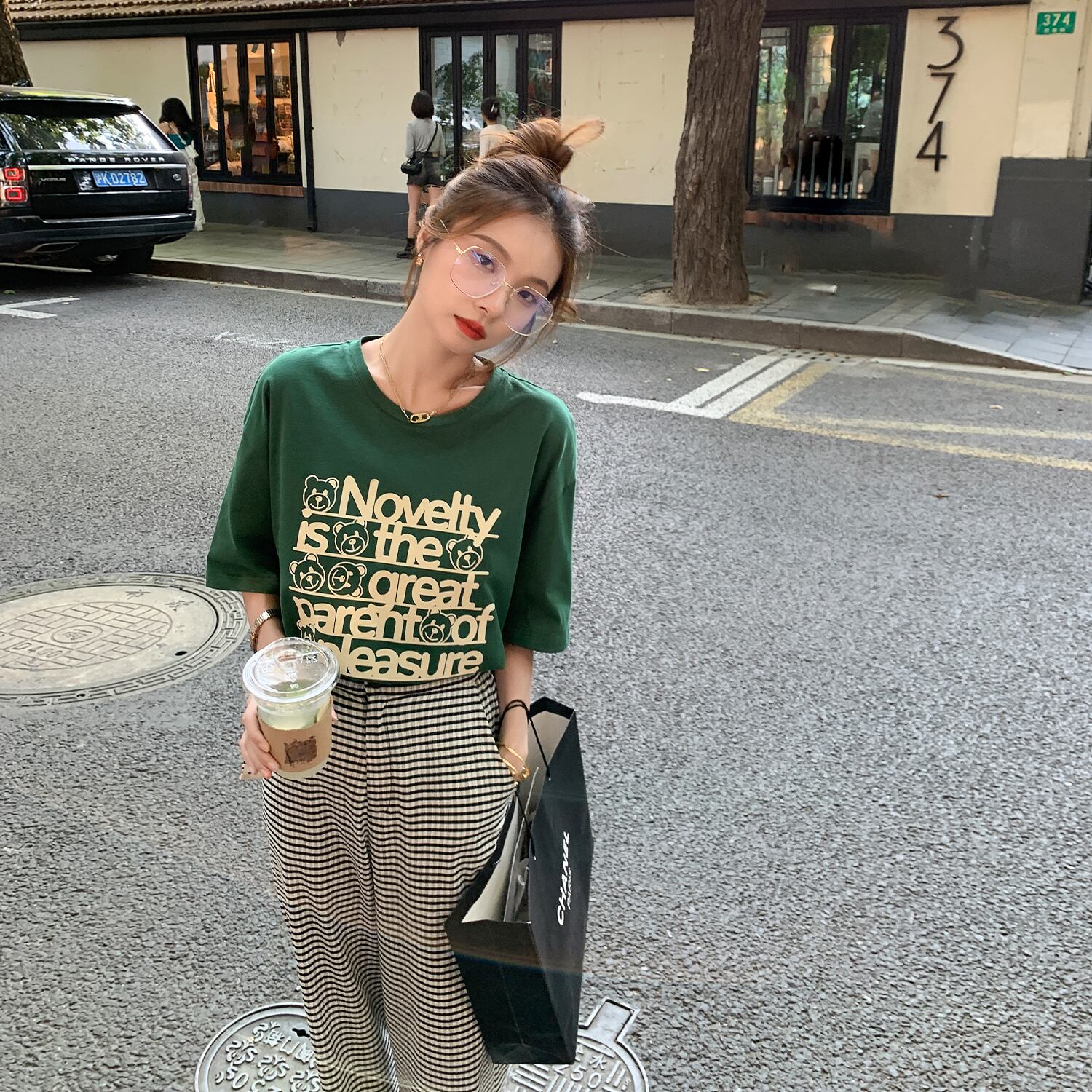 サマーグリーン半袖スリーブTシャツ トップス レディース ショート ハーフスリーブ ストリート 夏物 HUCHUJING74004907191