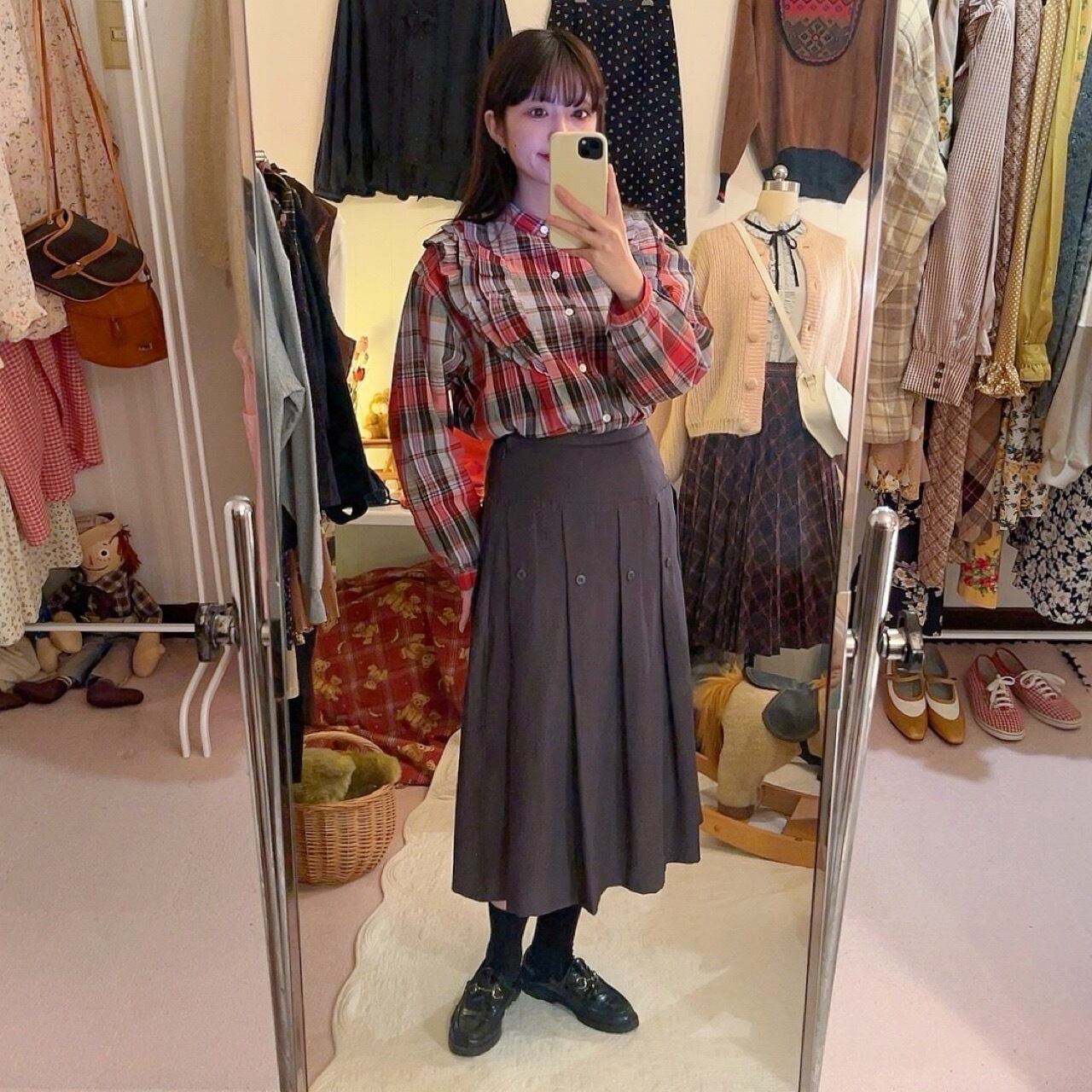 red black check frill blouse