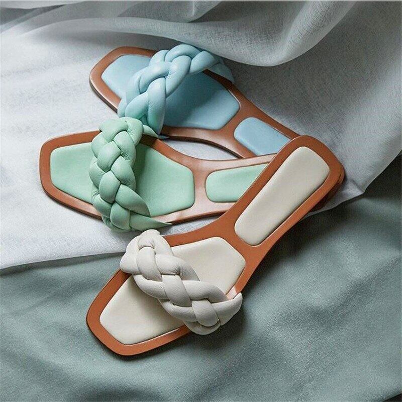 【新作】【送料無料】 フラットファッションセクシーな四角いつま先レディースフラットシューズホワイトグリーンブルー編みこみ装飾フラットシューズ夏レディーススリッパ 靴 ミュール サマー 夏物 スクウェア 10b337787356389