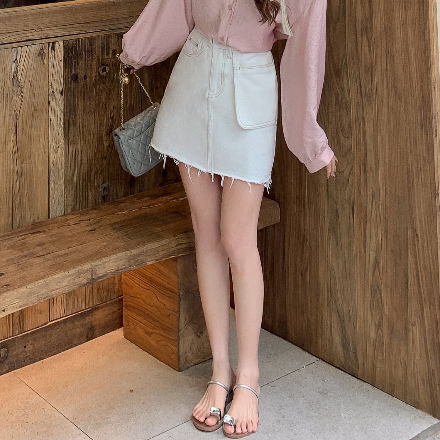 スカート ウェストサマーブルーハイウェストAラインショート 夏物 HUCHUJING78017584338