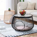 北欧シンプルティーテーブル ＜ブラック＞ サイドテーブル 55×38cmコーヒーテーブル ローテーブル クリエイティブ 丸型 ガラス コーヒーテーブル 北欧 リビングルーム コーヒーテーブル サイドテーブル 鳥かご型 錬鉄製 収納便利