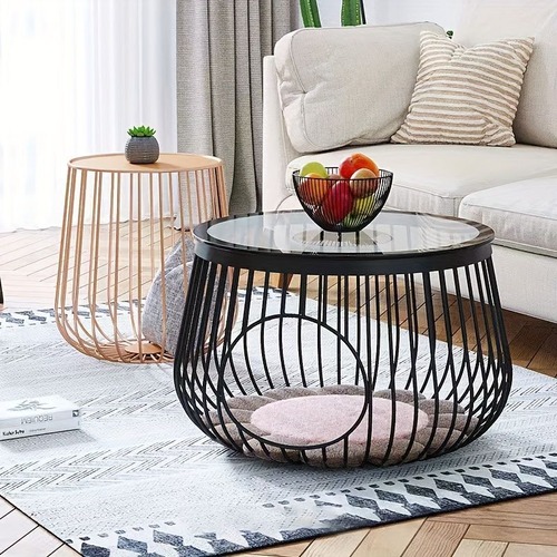 北欧シンプルティーテーブル ＜ブラック＞ サイドテーブル 55×38cmコーヒーテーブル ローテーブル クリエイティブ 丸型 ガラス コーヒーテーブル 北欧 リビングルーム コーヒーテーブル サイドテーブル 鳥かご型 錬鉄製 収納便利