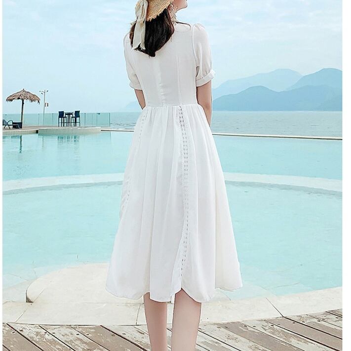 ワンピース フレアワンピース 袖あり 半袖 スクエアネック フレア