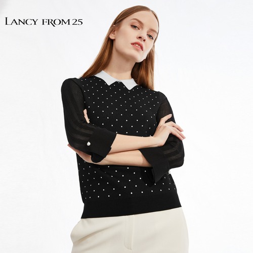 ラングジ春の新しいシャツの襟のセーター、9ポイントの袖と偽のツーピースの黒のニットセーターの女性 ブラック スプリング 春物 Lancy2559986411489