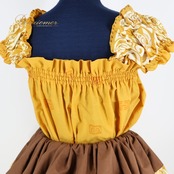 フラダンス 衣装 ツーピース セットアップ 上下セット イエロー系 アロハスタンダード ホヌ柄 黄 茶 フリル ALOHA STANDARDS 日本製 トップス ブラウス ハワイアン アロハ かわいい ハワイアンプリント ブラウン系