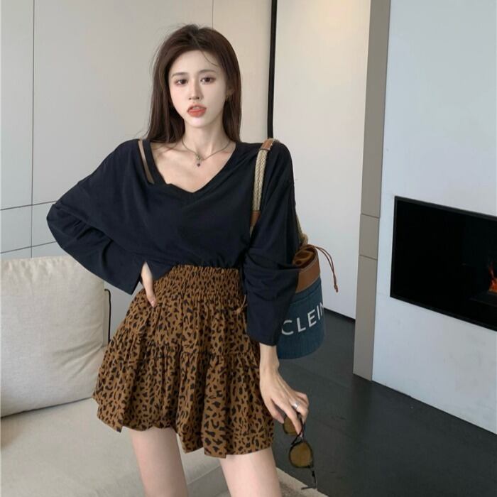 サマーVネックストラップレスルーズTシャツ トップス レオパードプリント柄スリムショートスカート レディース ロング 夏物 ドラファッションホール20869020596