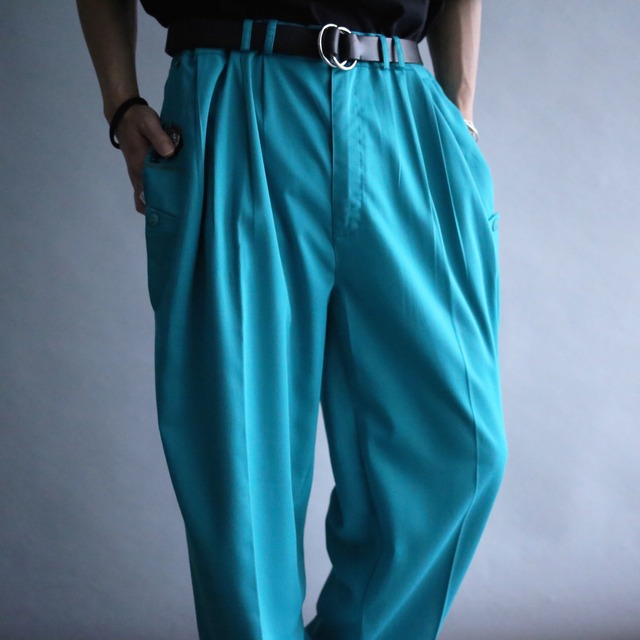 3-tuck tapered silhouette one point embroidery deep sky blue wide slacks