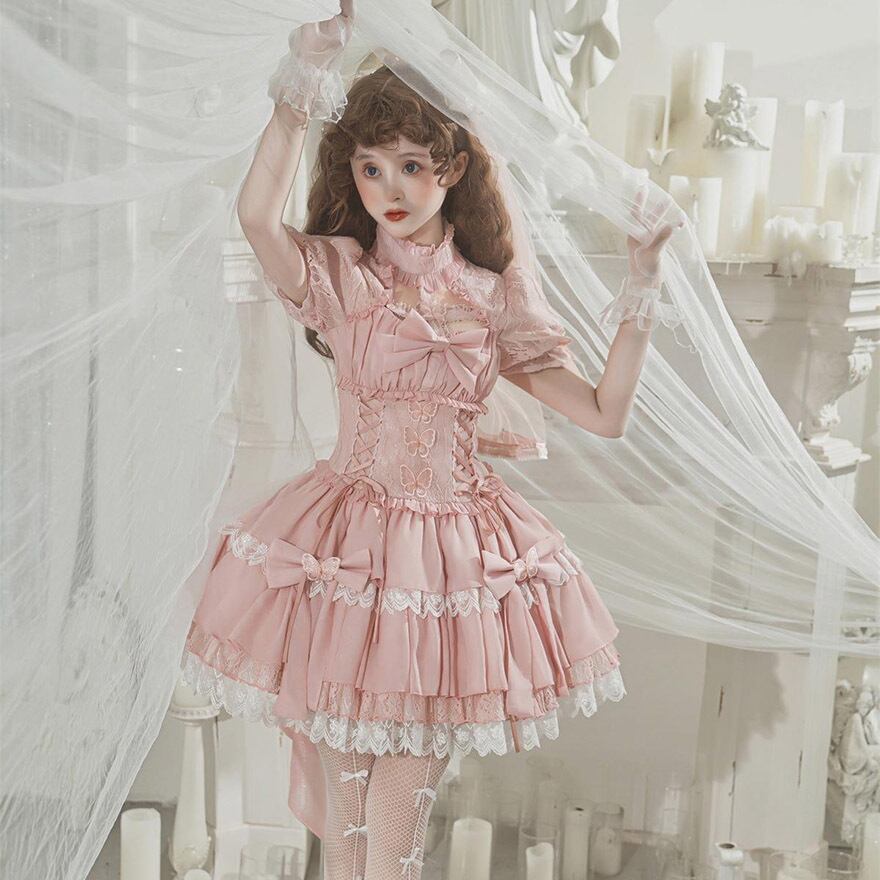 ゴスロリ通販 With U ロリィタドレス ワンピース ピンク 半袖 レースアップ リボン 甘ロリ