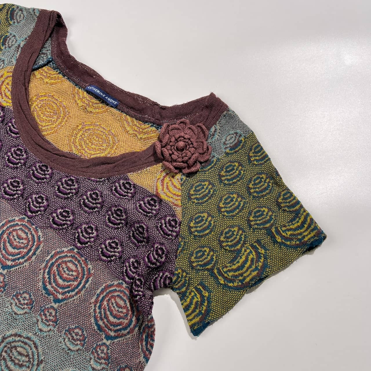 CATHERINE ANDRE カトリーヌアンドレ ボーダー 総柄 半袖 ニット セーター サイズ L /フランス製