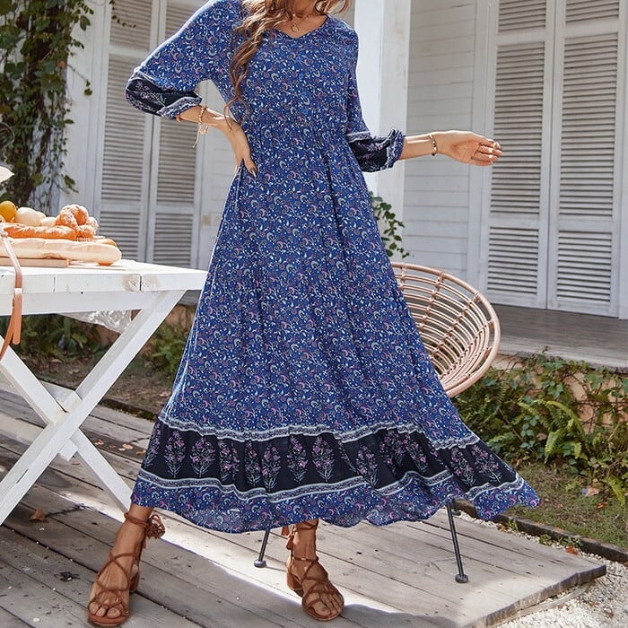 送料無料 ワンピース レディース 3色 S Xl ドレス ロングワンピース ロング丈 マキシワンピース マキシ丈 リゾートワンピース リゾートドレス サマードレス 夏ワンピース 夏ワンピ 真夏 フレア ハイウエスト 長袖 花柄 フラワー ペイズリー エスニック ボヘミアン