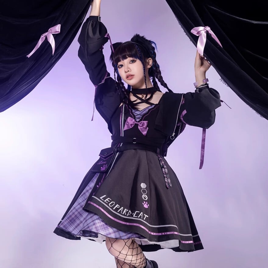 ロリータファッション 黒猫パープルチェック地雷系JSKセット