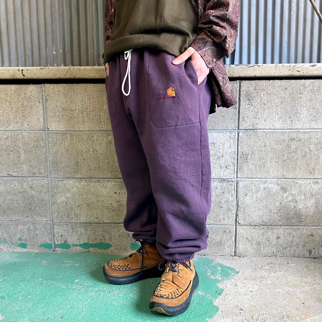 80年代 Usa製 Carhartt カーハート ワンポイントロゴ刺繍 スウェットパンツ メンズxl 古着 80s ビンテージ ヴィンテージ パープル 紫色 スウェットパンツ Cave 古着屋 公式 古着通販サイト