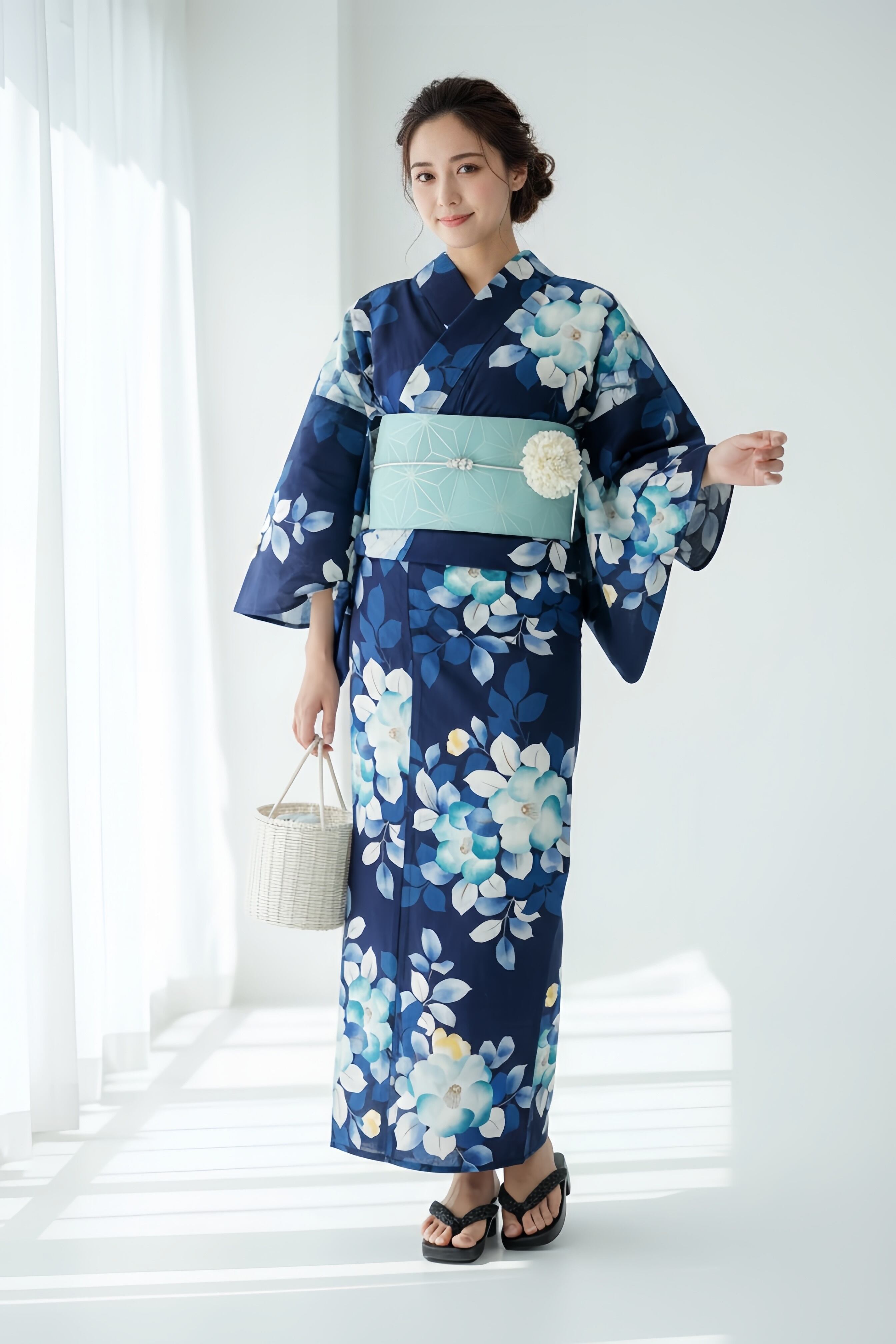 浴衣ジェンヌ 浴衣5点セット 綿 ゆかた 半幅帯 浴衣 紺 ネイビー 水色 青 レディース浴衣