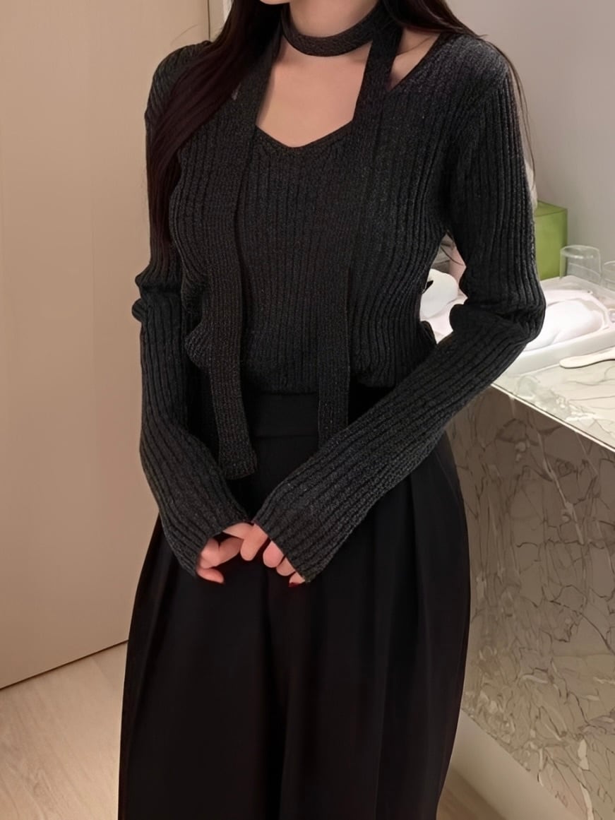 Vネックリブニット.1440