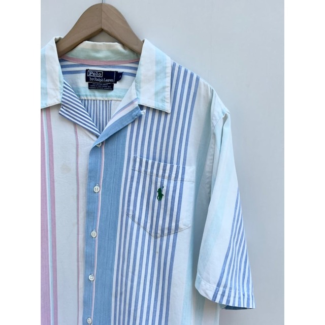 80〜90s Ralph Lauren "HAND WOVEN" S/S OPEN COLLAR SHIRT Size L
