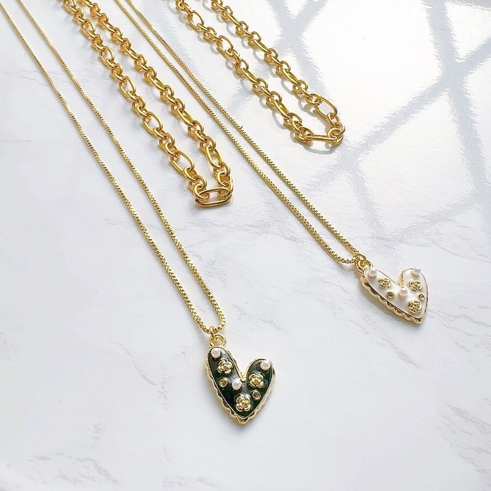 ハートチャーム×あずきデザインサージカルステンレスチェーン2重ネックレス