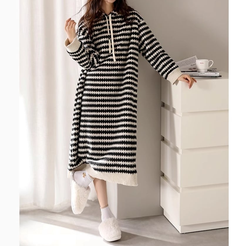 【M-2XL】warm fleece monotone stripe pattern room wear p1355