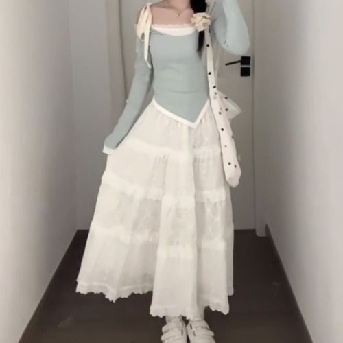 【2点セット】アシメリボンオフショルトップス+ティアードマキシスカート ・78913