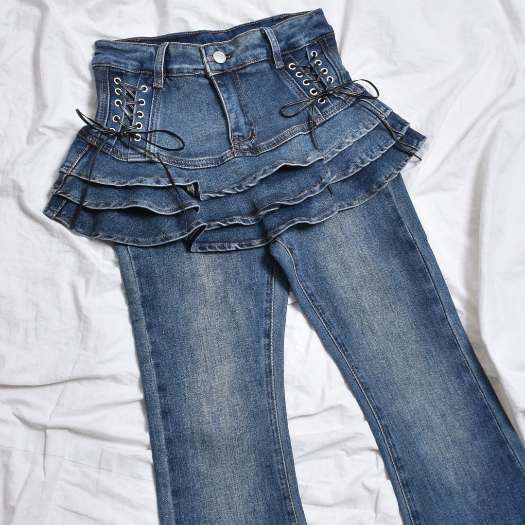 12/2新着】レースアップ☆スカートレイヤードフレアデニム